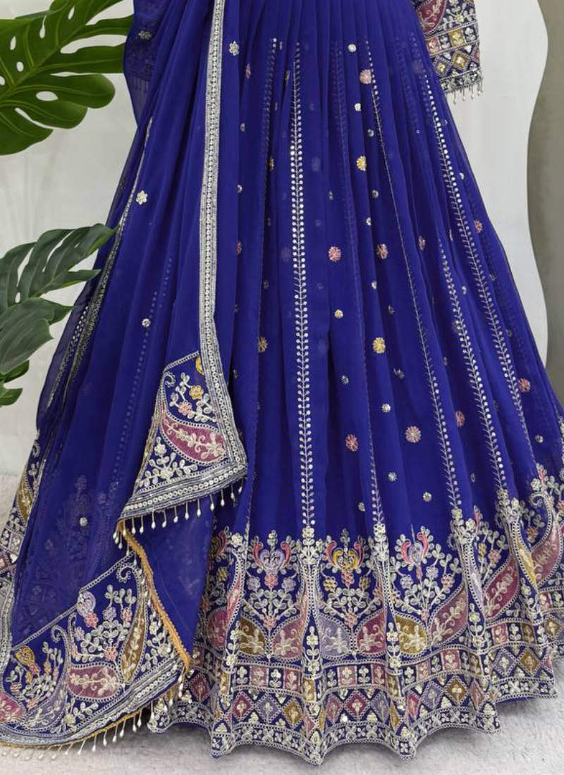 Thread Sequence Work Faux Georgette Royal Blue Lehenga Choli For Women