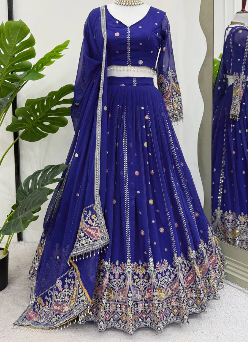 Thread Sequence Work Faux Georgette Royal Blue Lehenga Choli For Women