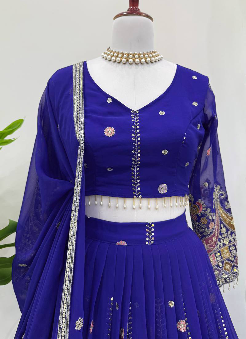 Thread Sequence Work Faux Georgette Royal Blue Lehenga Choli For Women