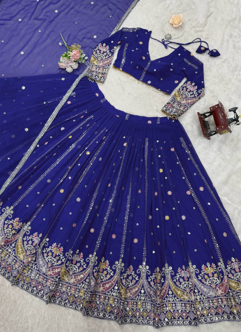 Thread Sequence Work Faux Georgette Royal Blue Lehenga Choli For Women