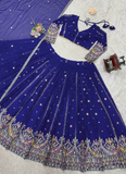 Thread Sequence Work Faux Georgette Royal Blue Lehenga Choli For Women