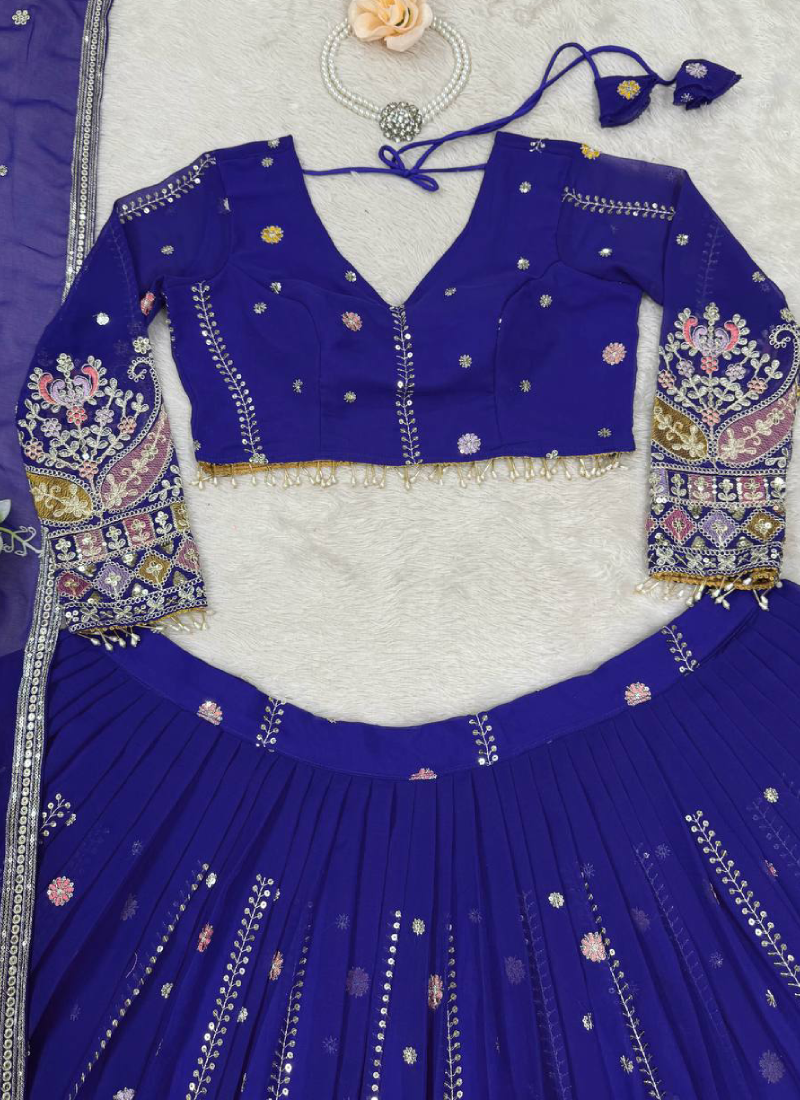 Thread Sequence Work Faux Georgette Royal Blue Lehenga Choli For Women