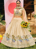 Thread Zari Work Cream Occasional Wear Shimmer Silk Lehenga Choli Set