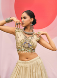 Thread Zari Work Cream Occasional Wear Shimmer Silk Lehenga Choli Set