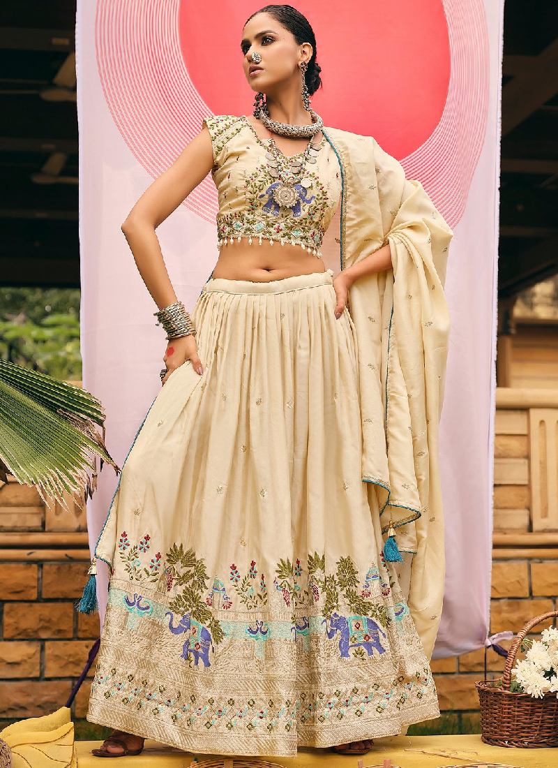 Thread Zari Work Cream Occasional Wear Shimmer Silk Lehenga Choli Set
