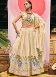 Thread Zari Work Cream Occasional Wear Shimmer Silk Lehenga Choli Set