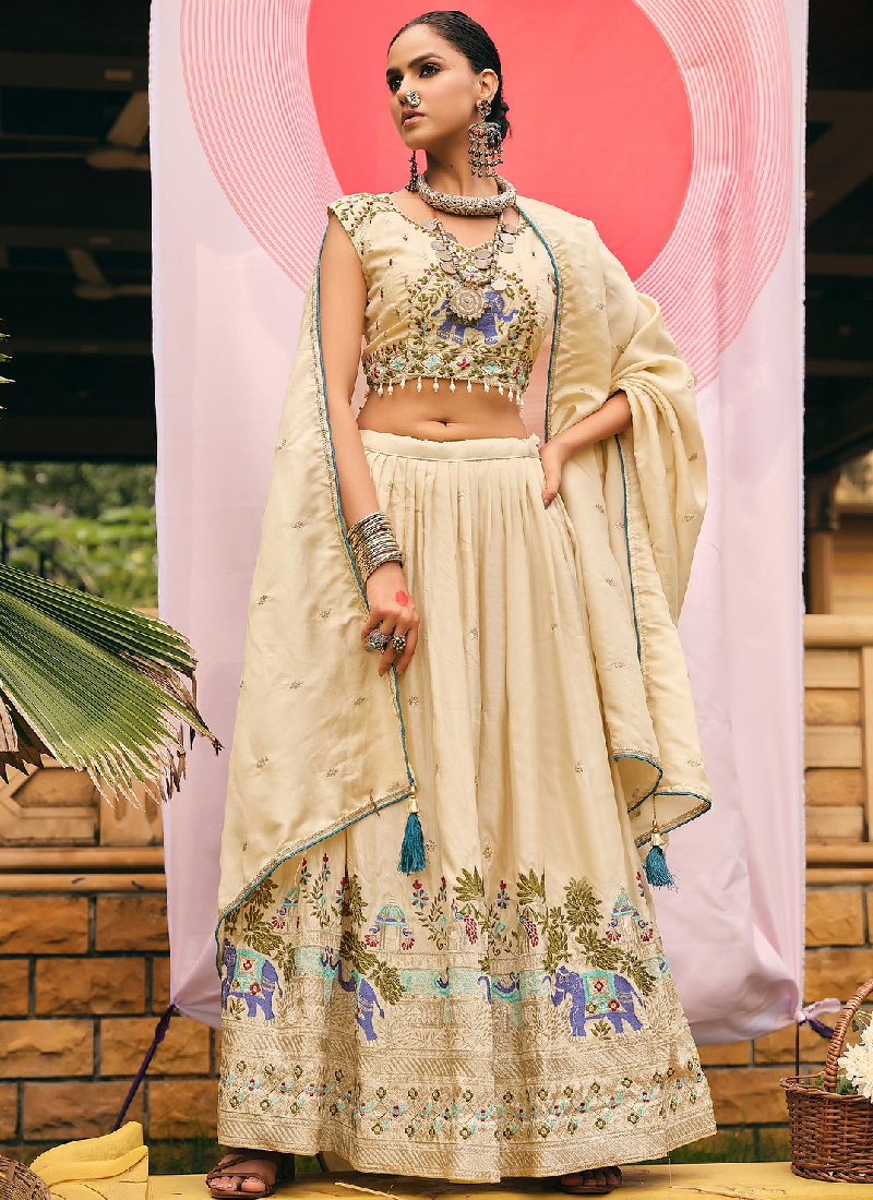 Thread Zari Work Cream Occasional Wear Shimmer Silk Lehenga Choli Set
