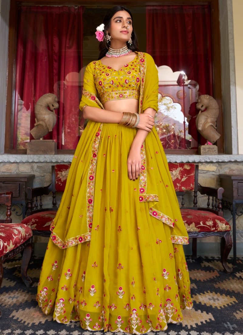 Thread Embroidered Georgette Mustard Yellow Lehenga Choli For Women