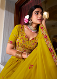 Thread Embroidered Georgette Mustard Yellow Lehenga Choli For Women