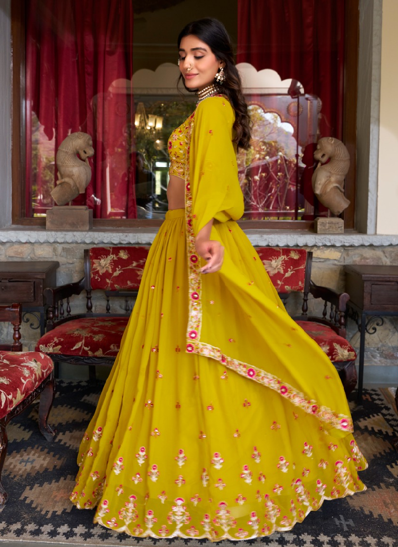 Thread Embroidered Georgette Mustard Yellow Lehenga Choli For Women