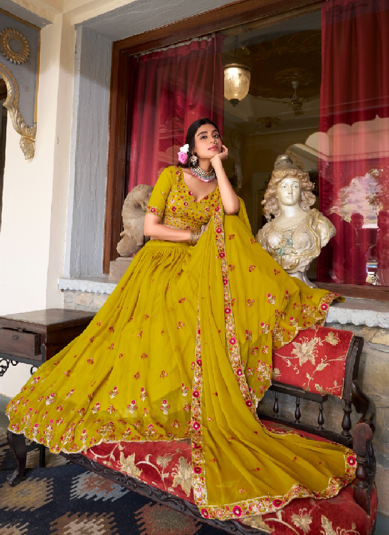 Thread Embroidered Georgette Mustard Yellow Lehenga Choli For Women
