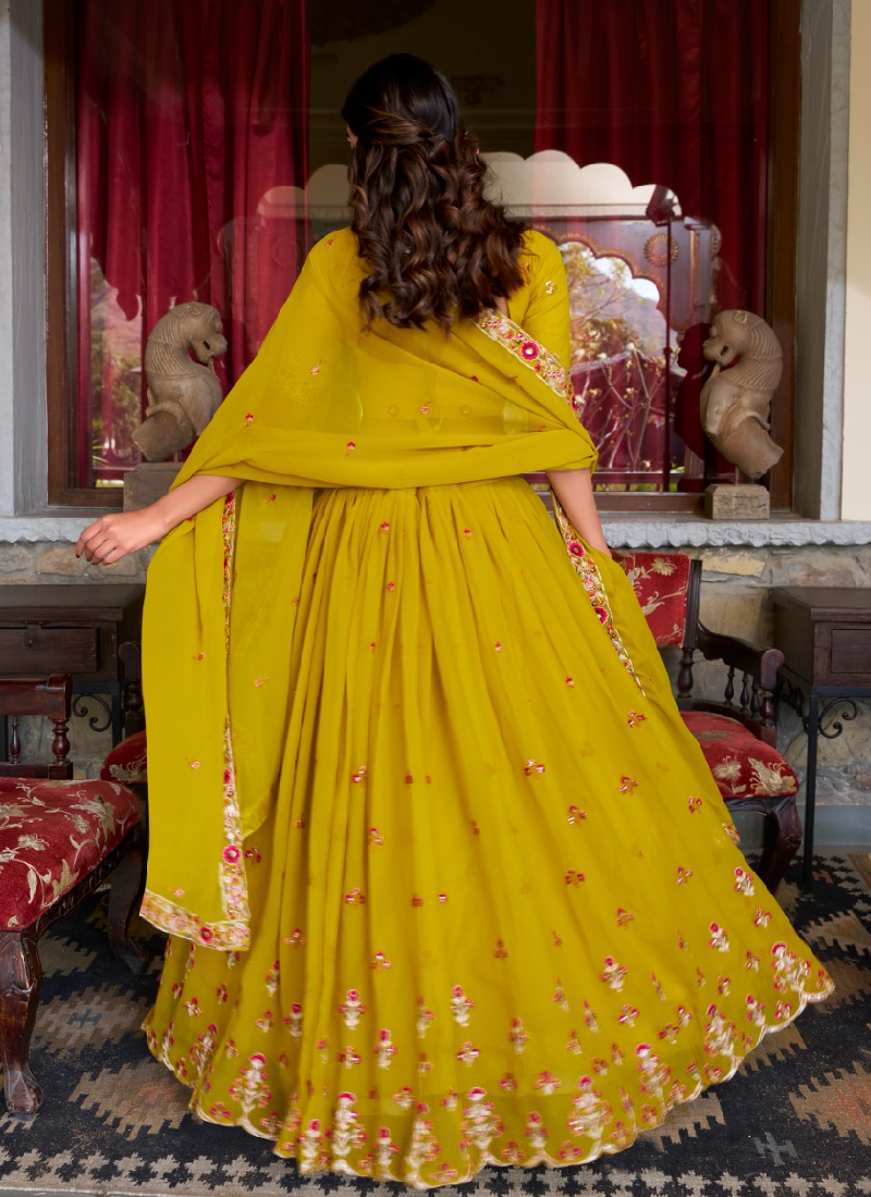 Thread Embroidered Georgette Mustard Yellow Lehenga Choli For Women