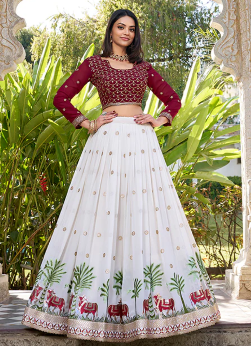 Timeless White Party Wear Georgette Sequins Embroidered Lehenga Choli