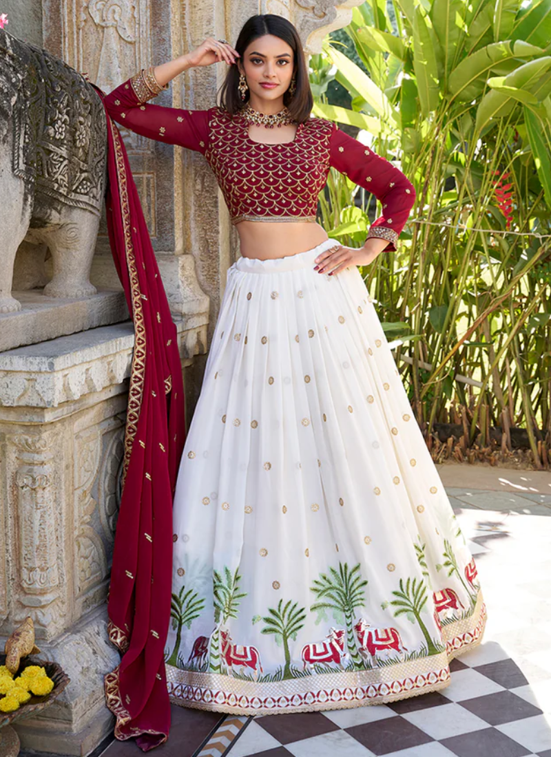 Timeless White Party Wear Georgette Sequins Embroidered Lehenga Choli
