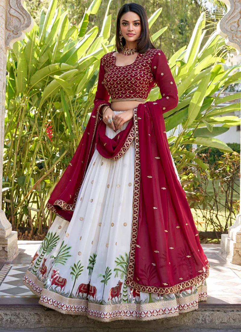 Timeless White Party Wear Georgette Sequins Embroidered Lehenga