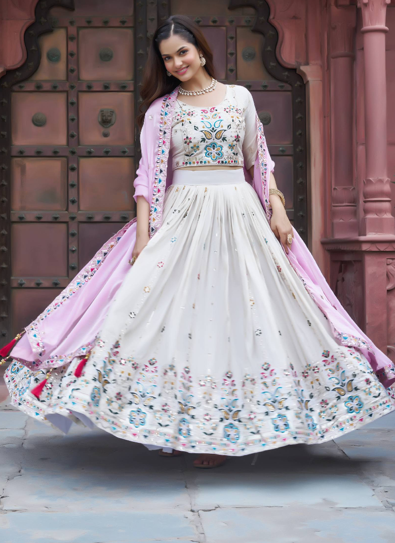Tissue Silk Embroidered Off White Lehenga Choli With Pink Dupatta