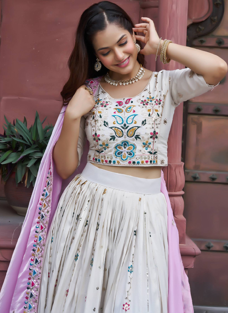 Tissue Silk Embroidered Off White Lehenga Choli With Pink Dupatta