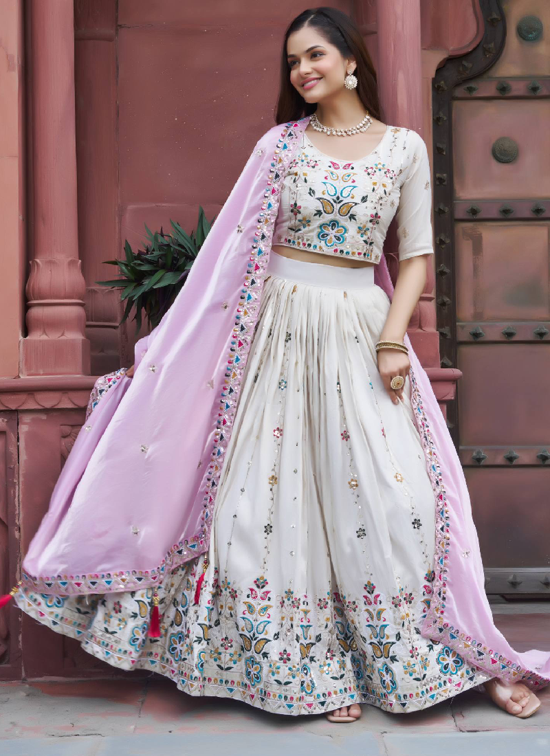 Tissue Silk Embroidered Off White Lehenga Choli With Pink Dupatta