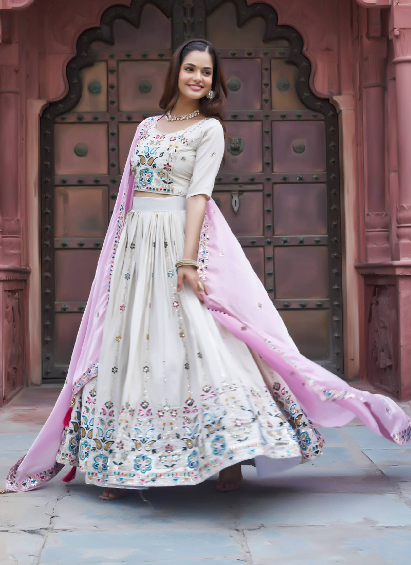 Tissue Silk Embroidered Off White Lehenga Choli With Pink Dupatta