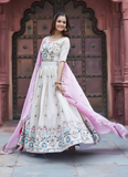 Tissue Silk Embroidered Off White Lehenga Choli With Pink Dupatta