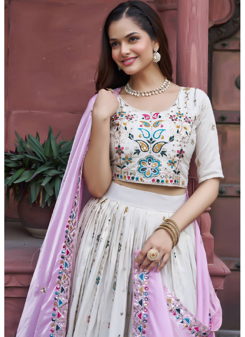 Tissue Silk Embroidered Off White Lehenga Choli With Pink Dupatta