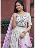 Tissue Silk Embroidered Off White Lehenga Choli With Pink Dupatta