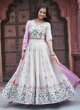 Tissue Silk Embroidered Off White Lehenga Choli With Pink Dupatta