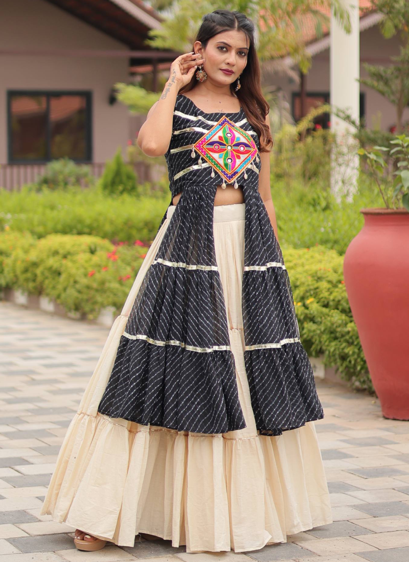Traditional Black Gamthi Embroidered Shrug With Beige Cotton Lehenga