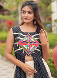 Traditional Black Gamthi Embroidered Shrug With Beige Cotton Lehenga