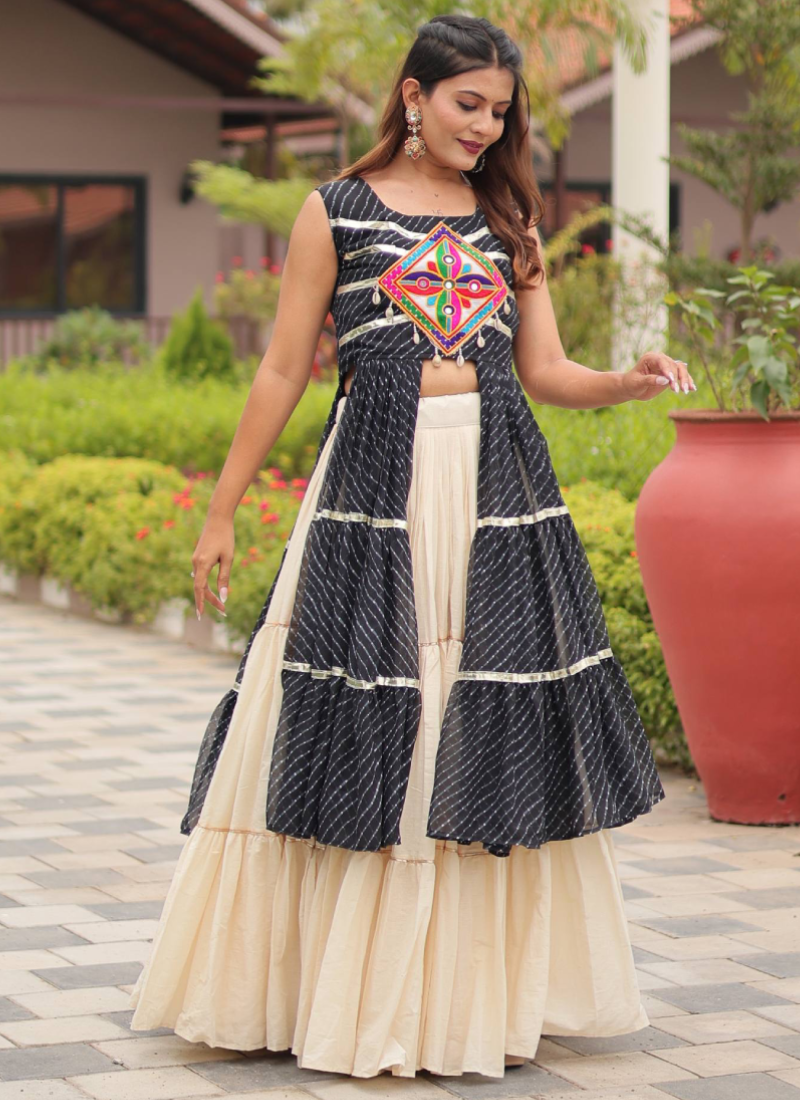 Traditional Black Gamthi Embroidered Shrug With Beige Cotton Lehenga