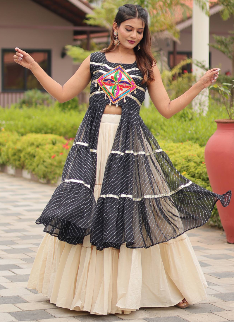 Traditional Black Gamthi Embroidered Shrug With Beige Cotton Lehenga