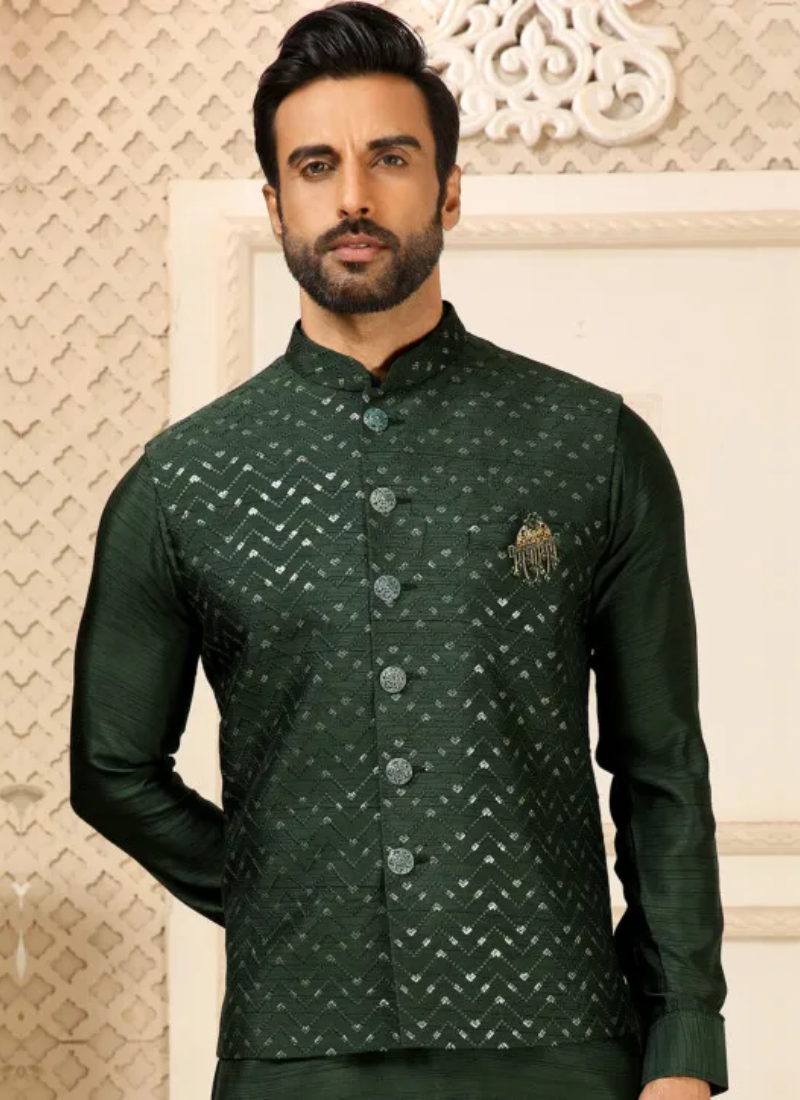 Traditional Dark Green Embroidered Work Jalpari Silk Men Kurta