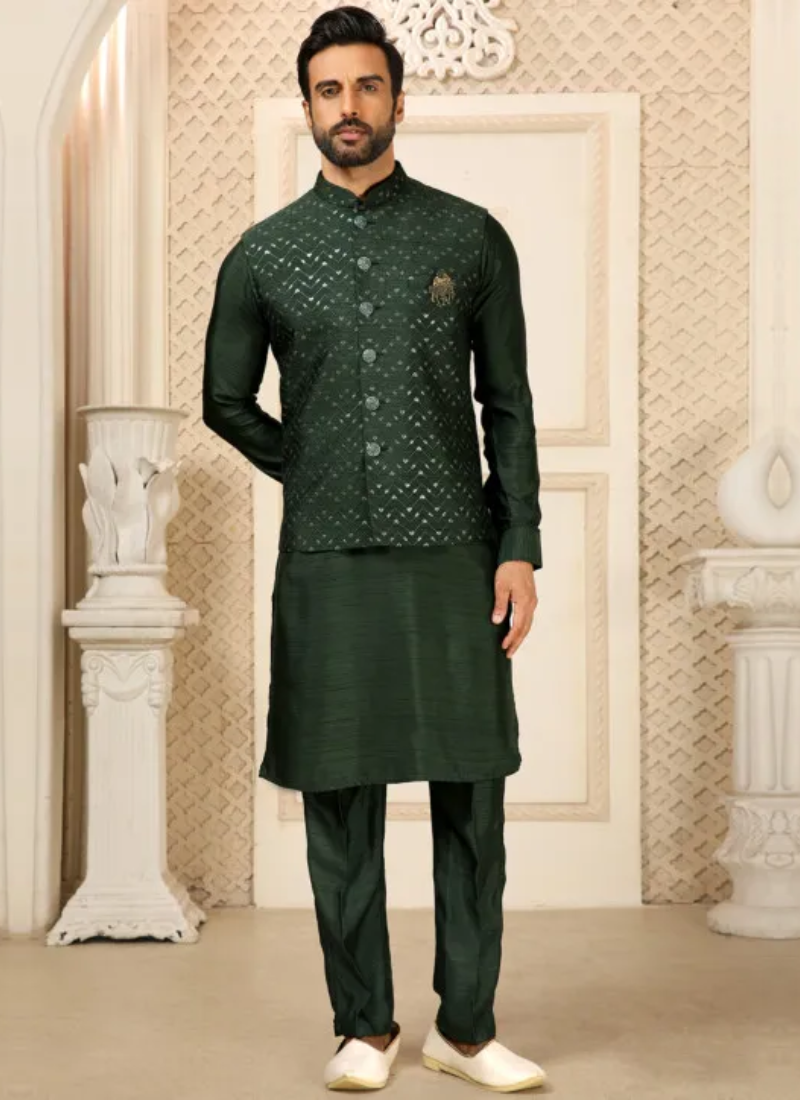 Traditional Dark Green Embroidered Work Jalpari Silk Men Kurta