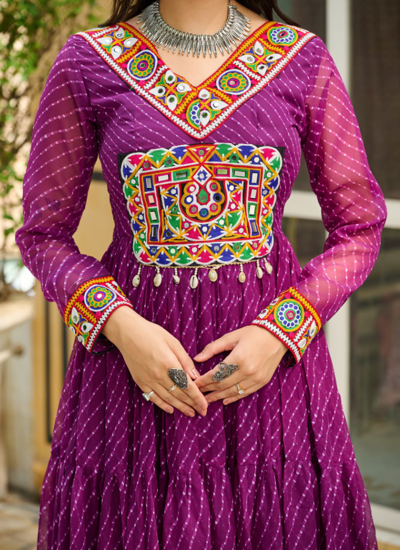 Traditional Gamthi Work Laheriya Printed Georgette Wine Gown For Women