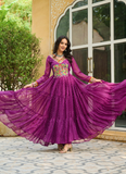 Traditional Gamthi Work Laheriya Printed Georgette Wine Gown For Women