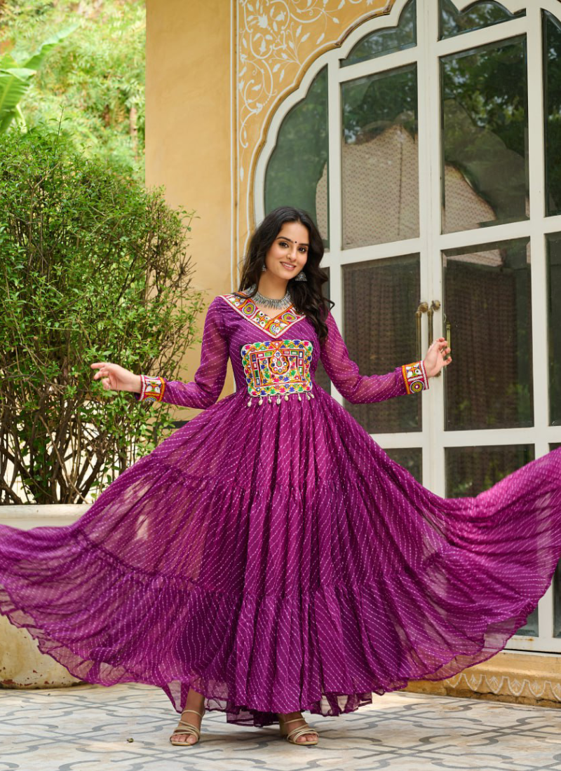 Traditional Gamthi Work Laheriya Printed Georgette Wine Gown For Women