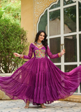 Traditional Gamthi Work Laheriya Printed Georgette Wine Gown For Women