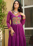 Traditional Gamthi Work Laheriya Printed Georgette Wine Gown For Women