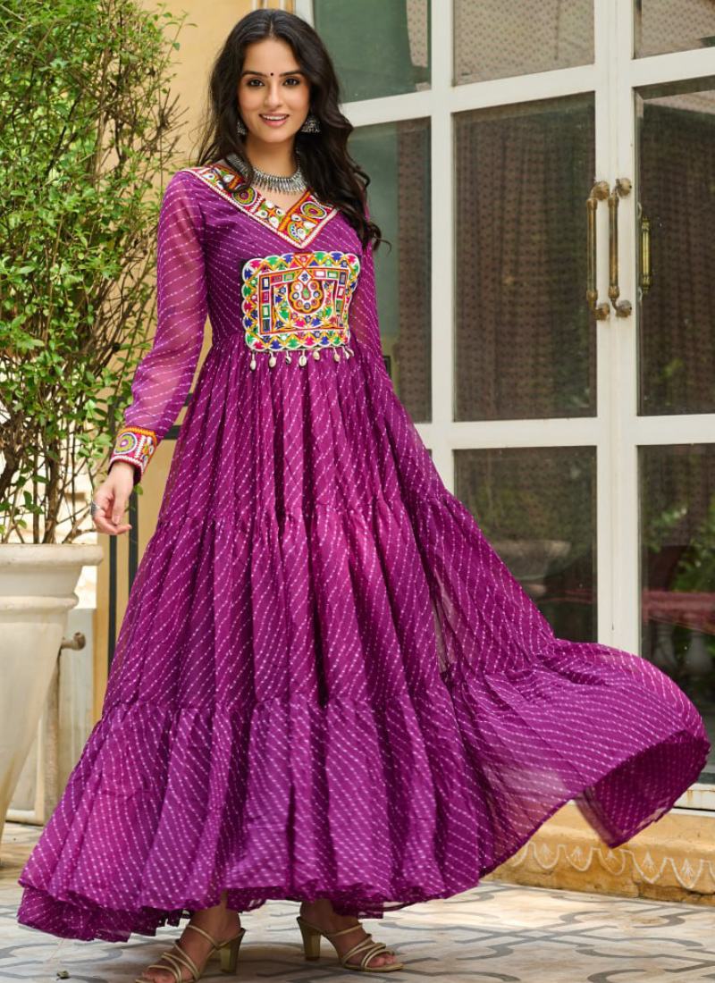 Traditional Gamthi Work Laheriya Printed Georgette Wine Gown For Women