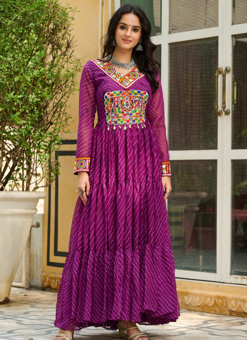 Traditional Gamthi Work Laheriya Printed Georgette Wine Gown For Women