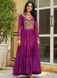 Traditional Gamthi Work Laheriya Printed Georgette Wine Gown For Women