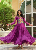 Traditional Gamthi Work Laheriya Printed Georgette Wine Gown For Women