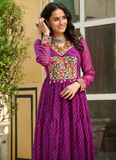 Traditional Gamthi Work Laheriya Printed Georgette Wine Gown For Women