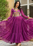 Traditional Gamthi Work Laheriya Printed Georgette Wine Gown For Women