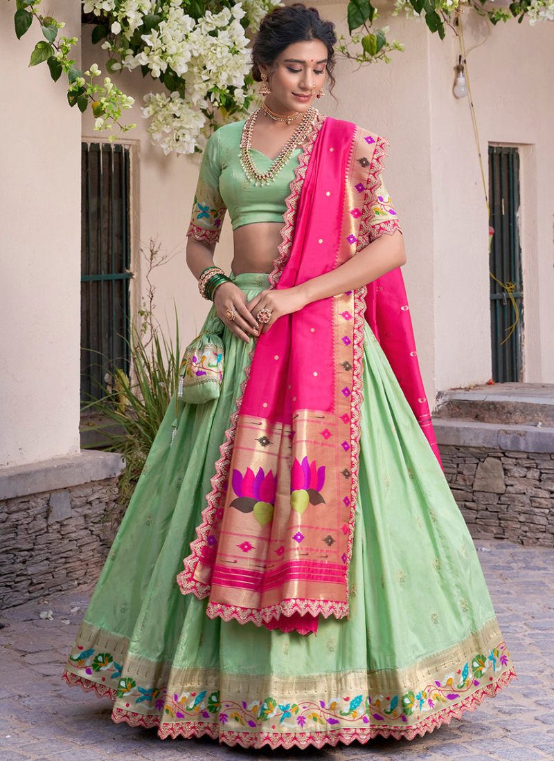 Traditional Jacquard Silk Zari Weaving Work Pista Green Lehenga Choli
