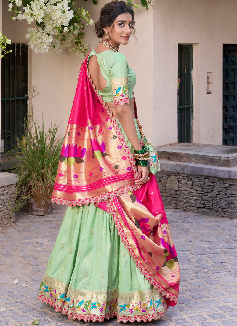 Traditional Jacquard Silk Zari Weaving Work Pista Green Lehenga Choli