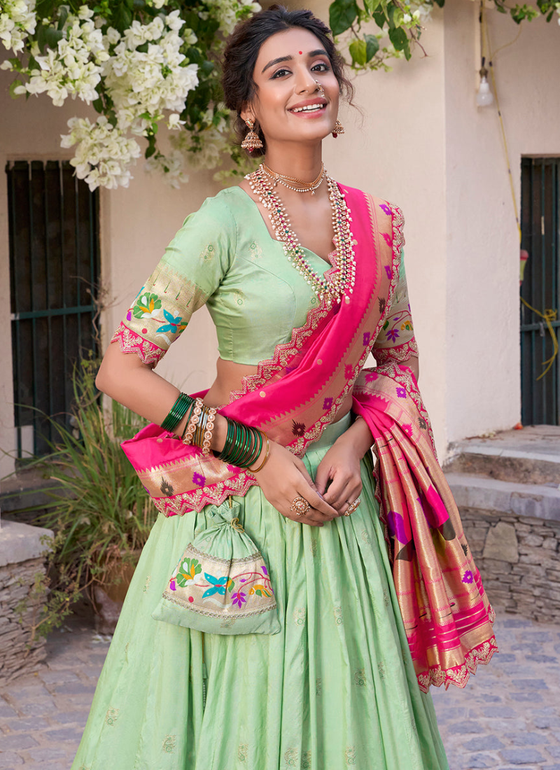 Traditional Jacquard Silk Zari Weaving Work Pista Green Lehenga Choli