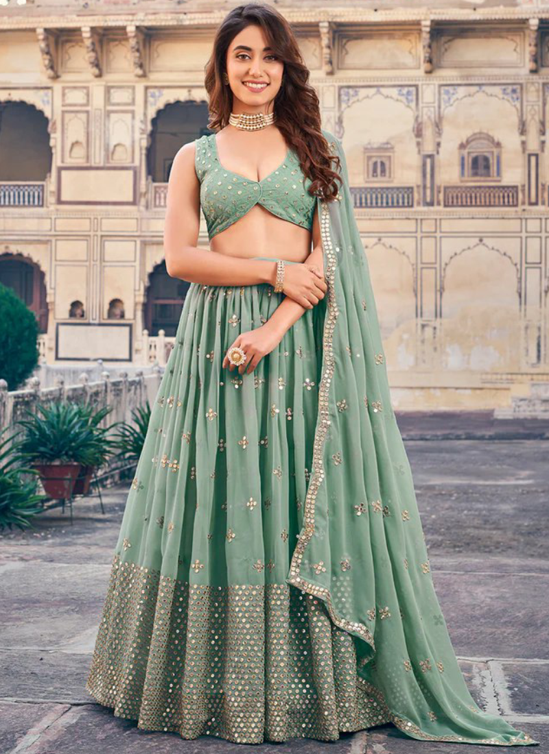 Traditional Wear Designer Sequence Work Georgette Green Lehenga Choli
