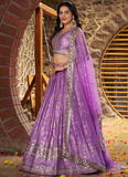 Traditional Zari Weaving Sequence Work Lavender Jacquard Silk Lehenga