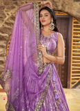 Traditional Zari Weaving Sequence Work Lavender Jacquard Silk Lehenga